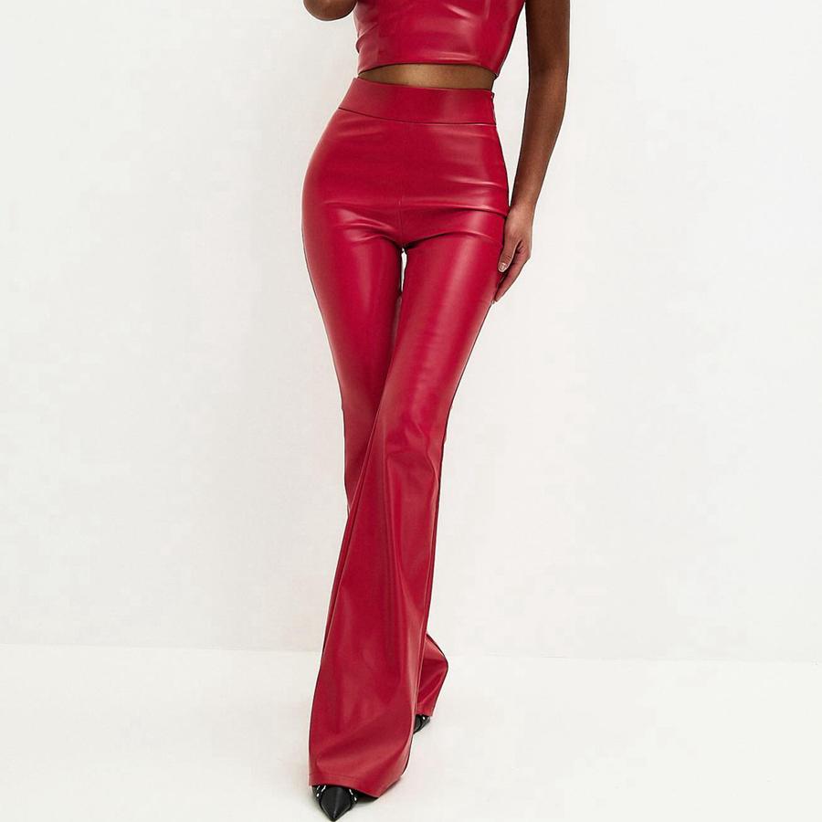 Damen Winter Neu Hohe Taille Glänzende PU Lederhose Schwarz Glänzend Weitbeinige Hose für Damen XL rot