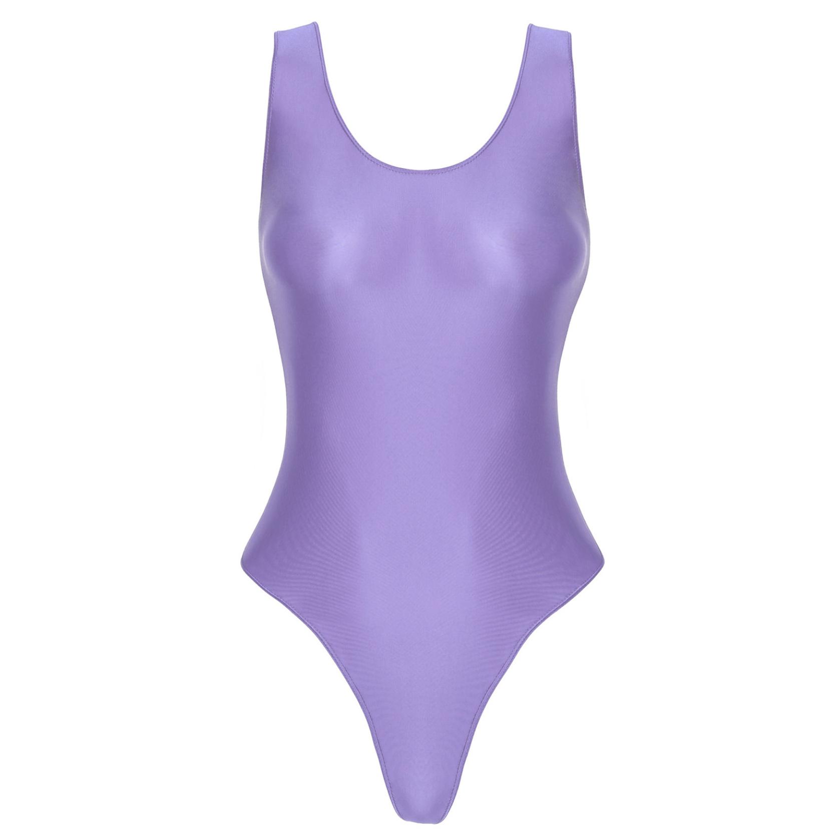 Glänzender, ärmelloser, hoch geschnittener Damen-Body, einteiliger Badeanzug für Yoga, Sport, Fitness, Schwimmen, Bade-Body M violett