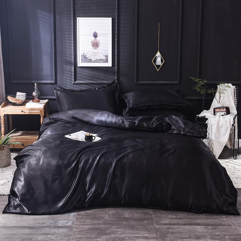 Maulbeerseide-Bettwäsche-Set mit Bettbezug, Spannbetttuch/Flachbettlaken, Kissenbezug, luxuriöses Satin-Bettlaken, einfarbig, für King-Size-Bett, Queen-Size-Bett King Size 4 pcs schwarz