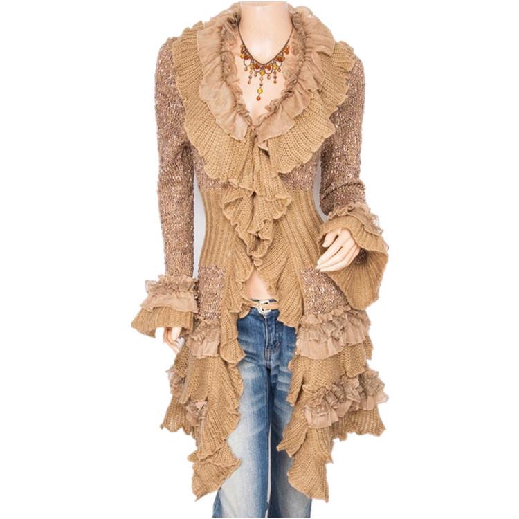 Damenmode-Cardigan-Pullover, einreihiger, mittellanger Mantel mit Spitzentrompetenärmeln One Size dunkle khaki