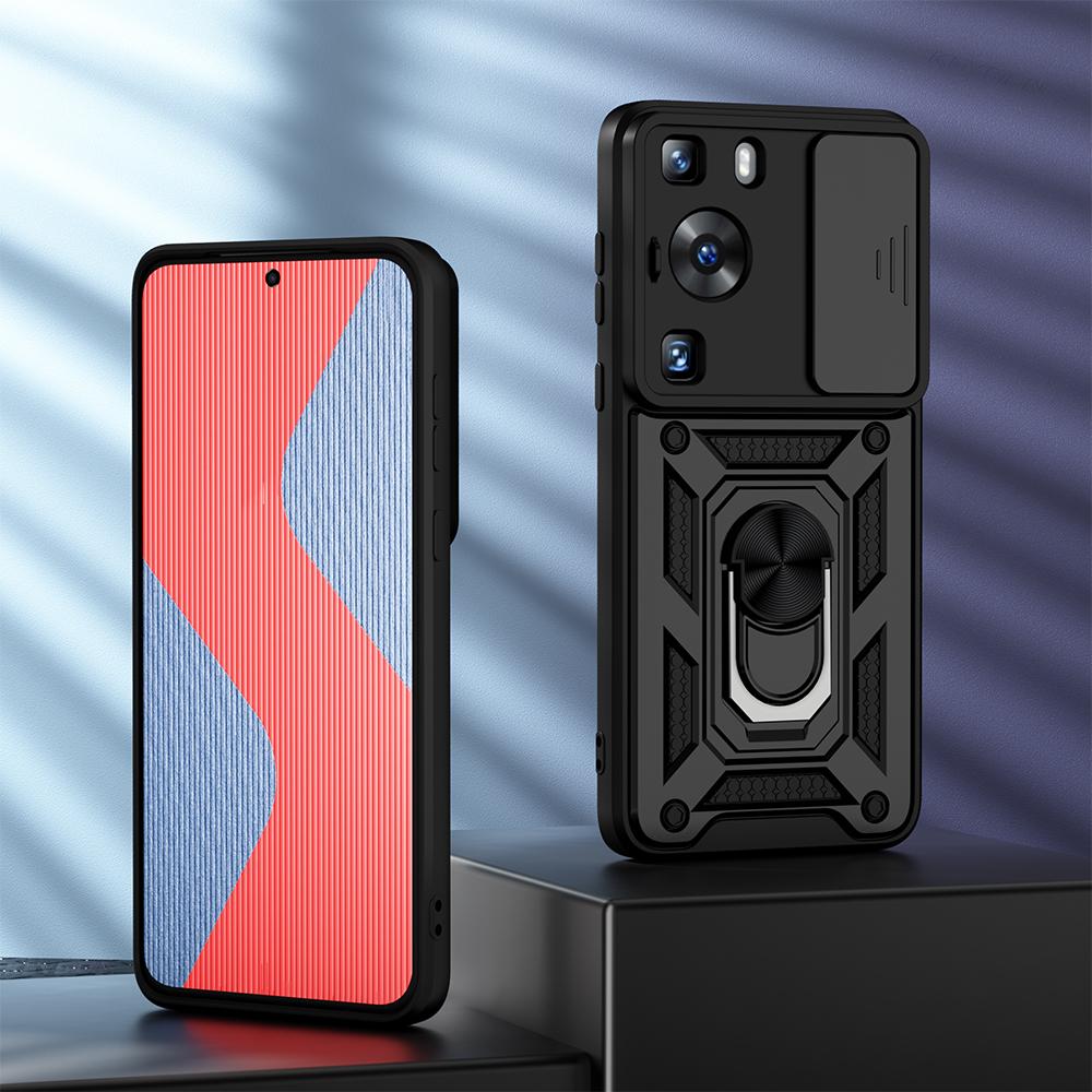 KEYSION stoßfeste Rüstungshülle für Huawei P60 Pro, Schiebe-Kamera-Objektiv-Schutzring, Ständer, Telefon-Rückseite für Huawei P60, P60 Pro for Huawei P60 schwarz
