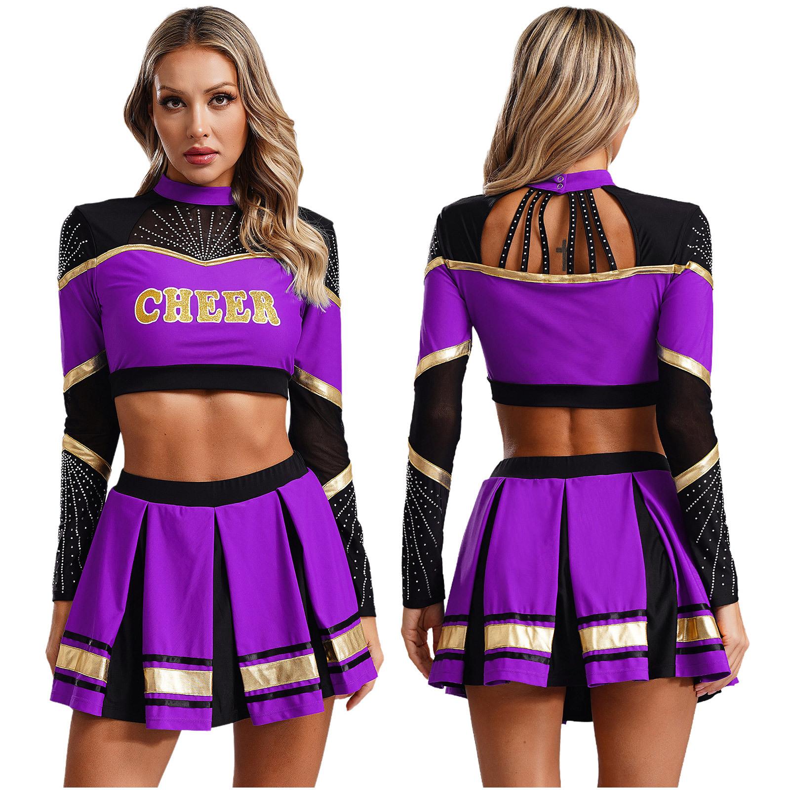 Cheerleader-Kostüme für Damen, Cheerleading-Uniformen, langärmeliges bauchfreies Top, plissierter A-Linien-Minirock, Performance-Tanzkleid S violett