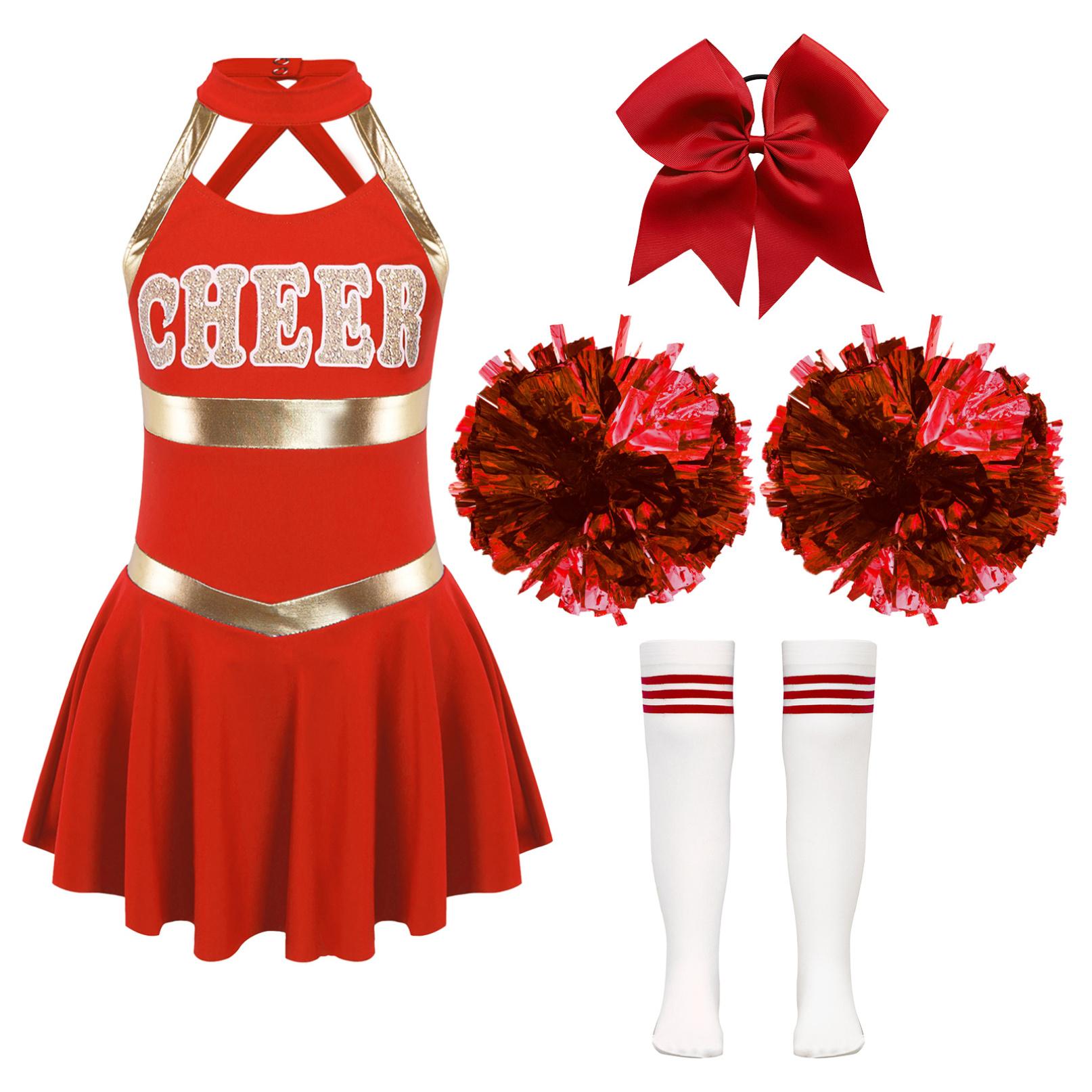 Mädchen Cheer Leader Halloween Performance Uniform Kostüm High School Ärmelloses Kleid Cheerleading Outfit 5-6 Years rot