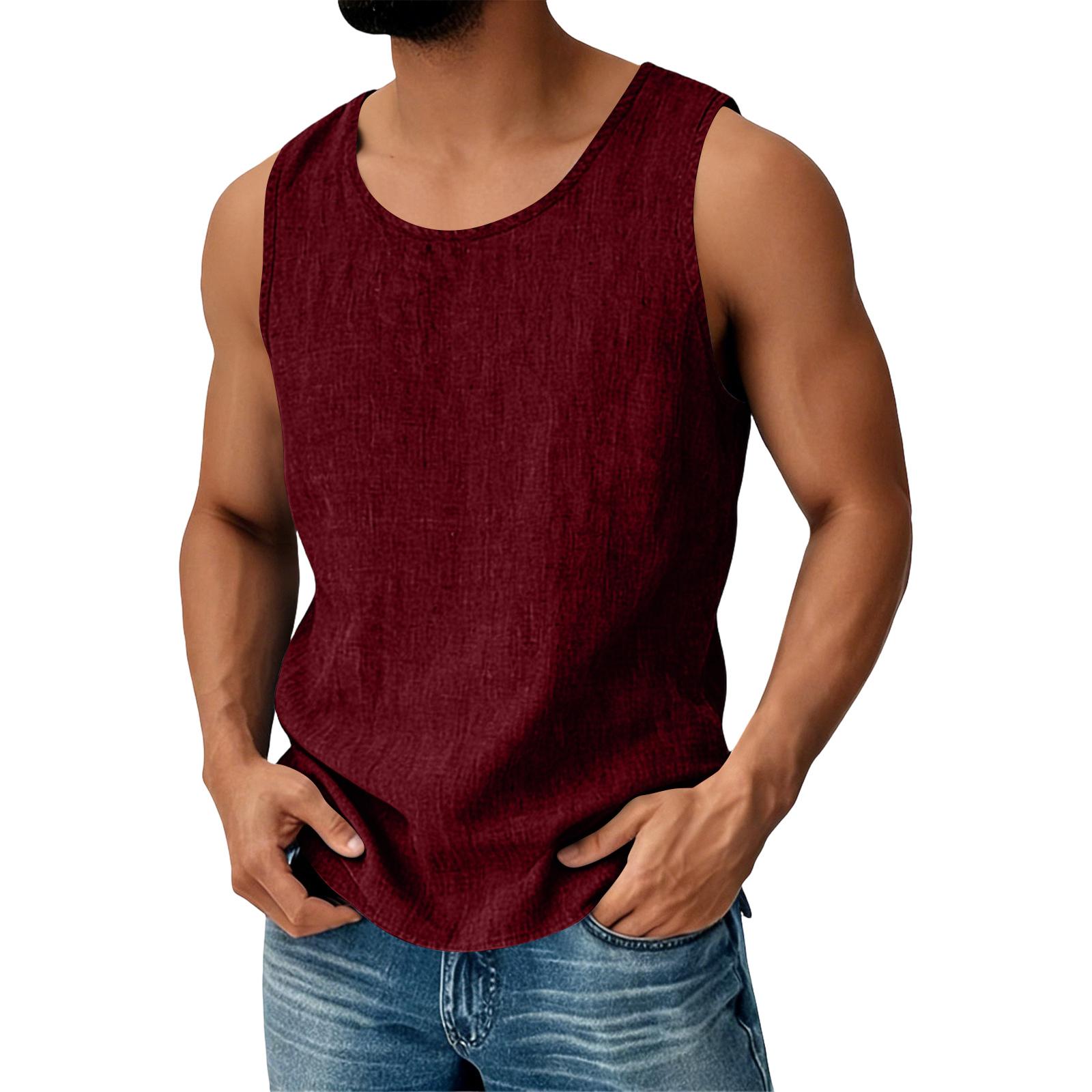 Herren Baumwolle Leinen Ärmellose Weste Herren Freizeit Mode Sport Ärmellose Weste XXXL weinrot