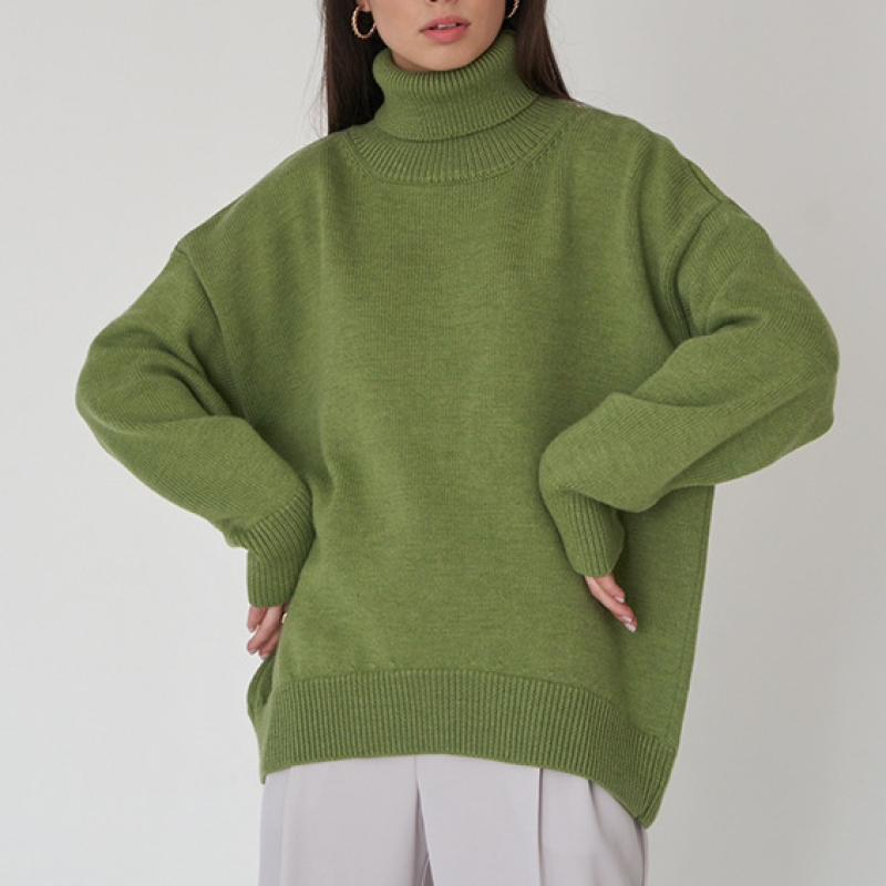 Solide Rollkragen Pullover Pullover Frauen Koreanische Mode Herbst Winter Neue Bequeme Lose Klassische Alle-match-Pullover Pullover One Size olivgrüne