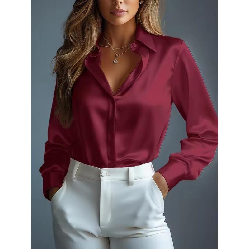 Damen Satinhemden Elegant Schlicht Langarm Bluse Büro Dame Knopfleiste Hemd Oberteil Herbst Weiblich Rundhals Shirts Bluse M bordeaux