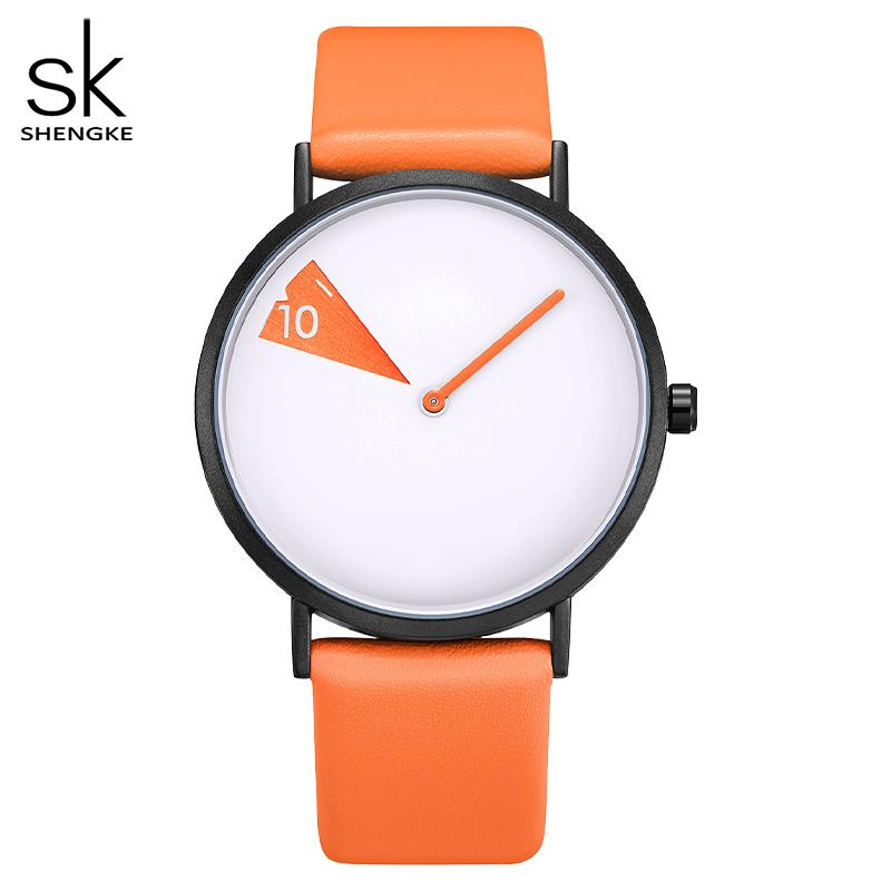 Shengke Heiße Verkäufe Kreative frauen Quarz Armbanduhren Damen Uhren Drehen Gelb Leder Band Uhr Geschenke für Freund orange
