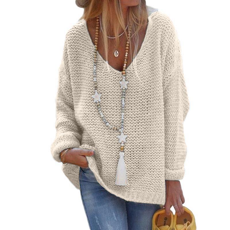 Herbst und Winter Damen Pullover Strickwaren V-Ausschnitt Langarm Strickoberteile Pullover XXXL apricot