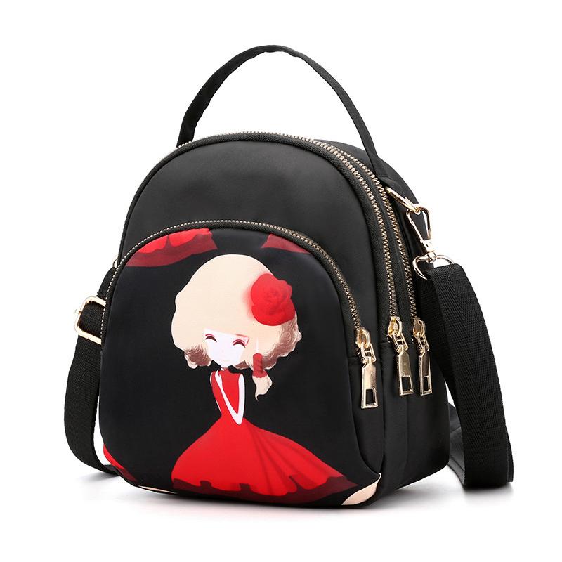 Yogodlns Trendy Neue Nylon Rucksack Für frauen Multifunktions Schulter Umhängetasche Druck Wasserdicht Rucksack Reise Dame Pack 18*11*21cm schwarz/rot