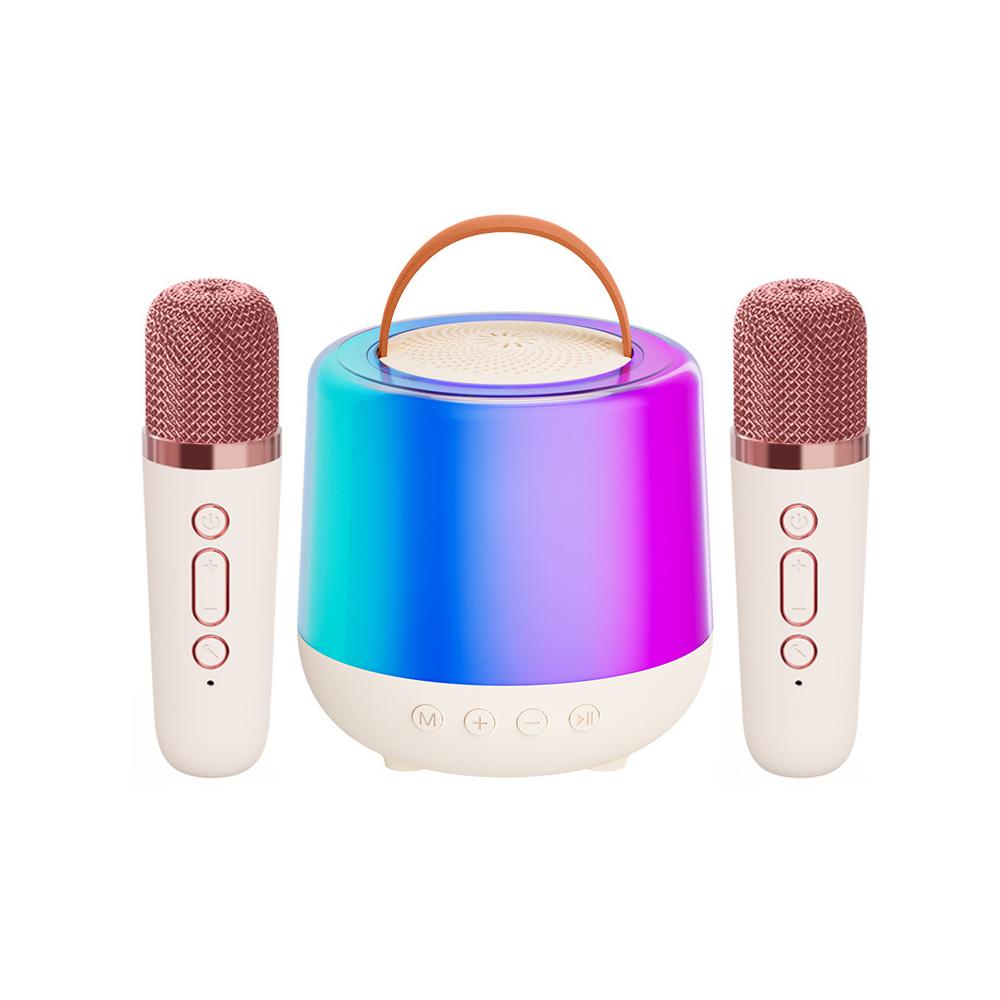 Karaoke Maschine Mini Drahtlose Mikrofon und Lautsprecher Set mit 2 Mikrofon Hause KTV Set LED Farbe weiß