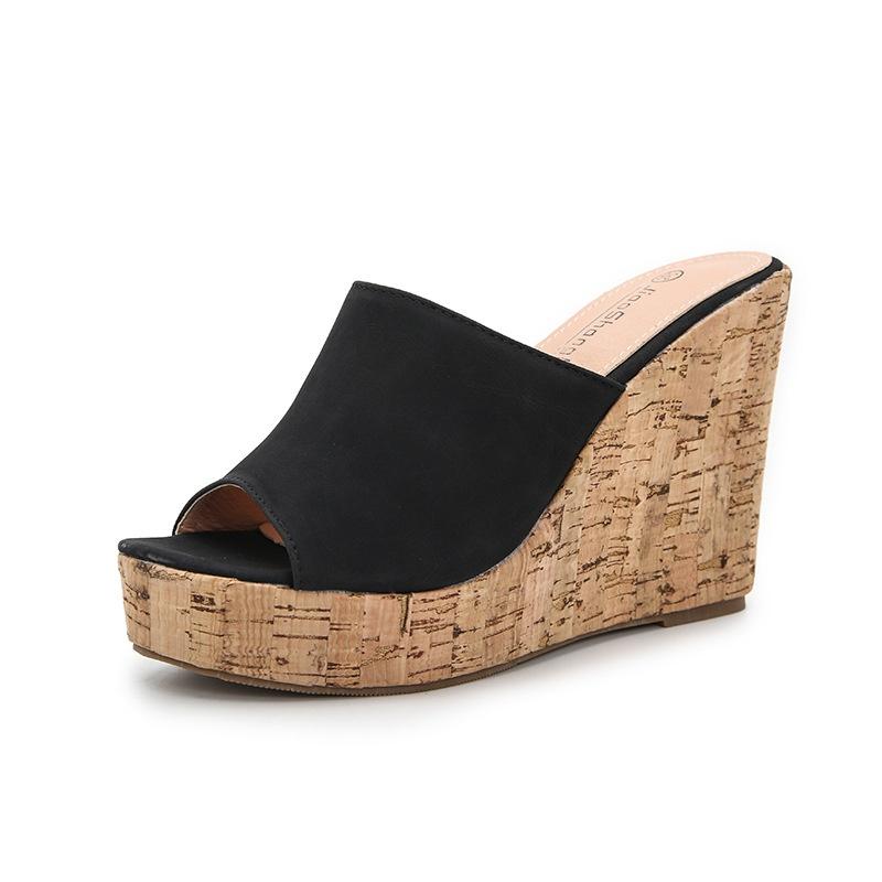 Neue trendige Damenmode-Keilsandalen, offene Peep-Toe-Espadrille-Plateau-Sandalen, Damen- und Mädchen-Wedges, Sommer-Bohemien-Slip-on-Sandalen mit Absatz 36 schwarz