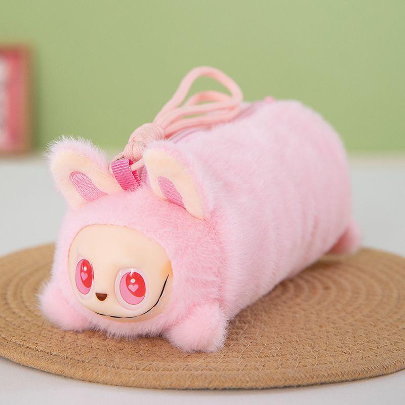 Niedliches Plüsch-Federmäppchen, Spielzeug-Lanyard-Federmäppchen, Kreatives Kinderspielzeug, Studentenpuppe, Weich und bequem für Mädchen, Labubu-Federmäppchen Pink