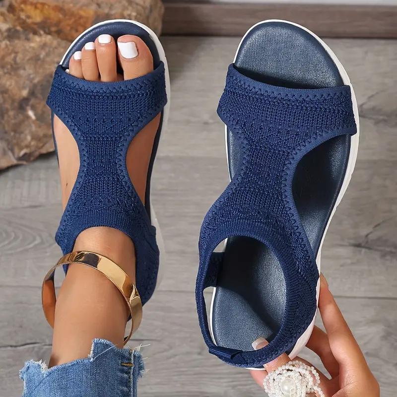 Flache Sandalen für Damen in Volltonfarbe, atmungsaktive und bequeme Sommerschuhe, leichte Sandalen mit Knöchelriemen 39 blau