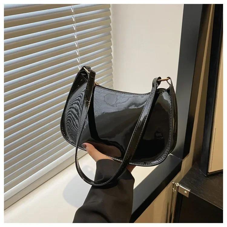 Damen Lackleder Handtasche Vielseitige Mode Schultertasche Lässige Pendlertaschen Mädchen Designer Reißverschluss Handtasche Koreanisch 2025 schwarz