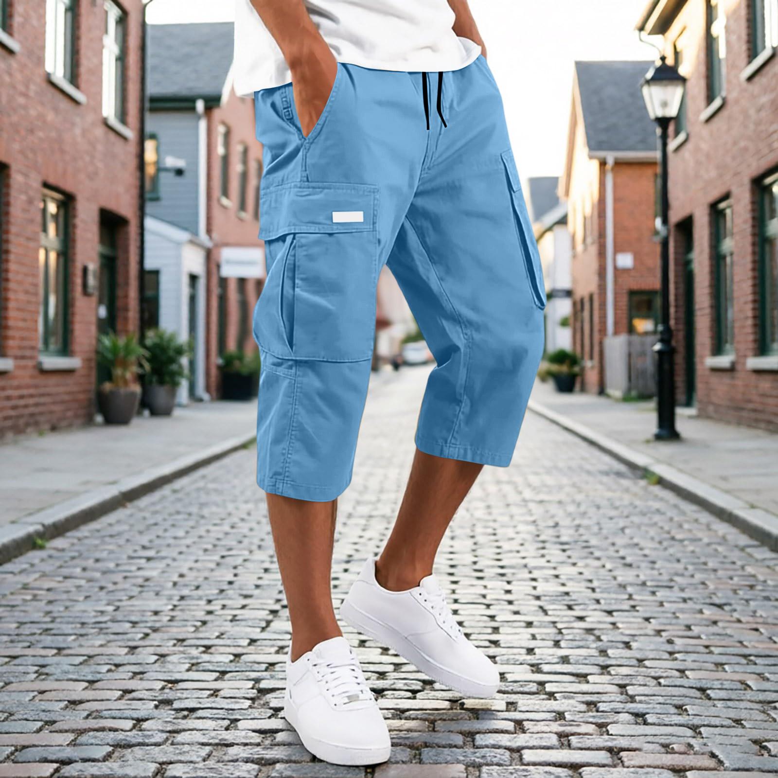 Herren Cargo-Capri-Hose mit Kordelzug und mehreren Taschen, lockere Passform, Dreiviertellänge, lässige Hose für den Alltag XL