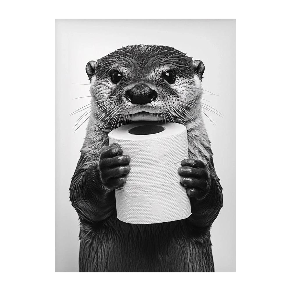 Hochlandkuh Otter Katze Waschbär mit Toilettenpapier Poster Druck Leinwandbild Badezimmer Wandkunst Lustiger Toilettenhumor Heimdekoration 30x45cm
