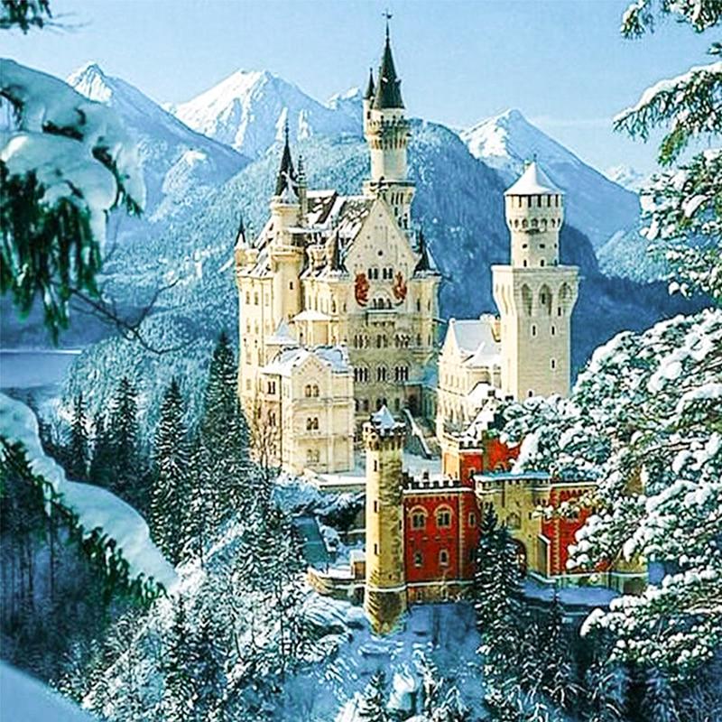 Diamant-Stickerei, Schloss im Berg, Diamant-Kreuzstich, rundes Diamant-Gemälde, Diamant-Gemälde 30x30CM