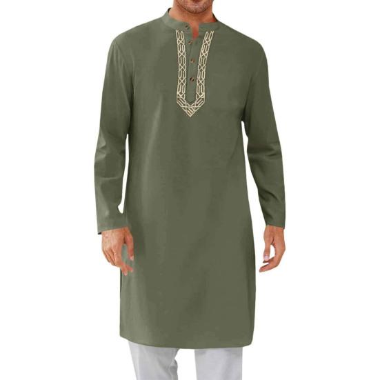 Herren Kaftan Robe O-Ausschnitt Langarm Abaya Atmungsaktive Button-up Thobe Arabische Ihram Kleidung für legere Anlässe Gebete XL armee grüne