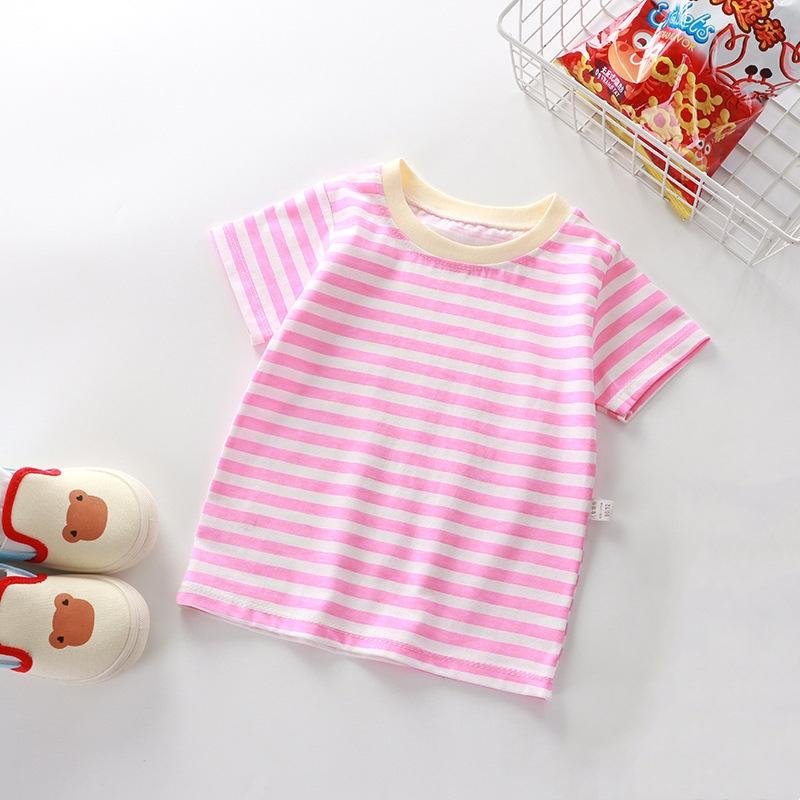 Jungen Mädchen Gestreifte T-Shirts Kinderkleidung Freizeit Kurzarm Rundhals Baumwolle Oberteile T-Shirts Kinderkleidung Sommer 90 rosa