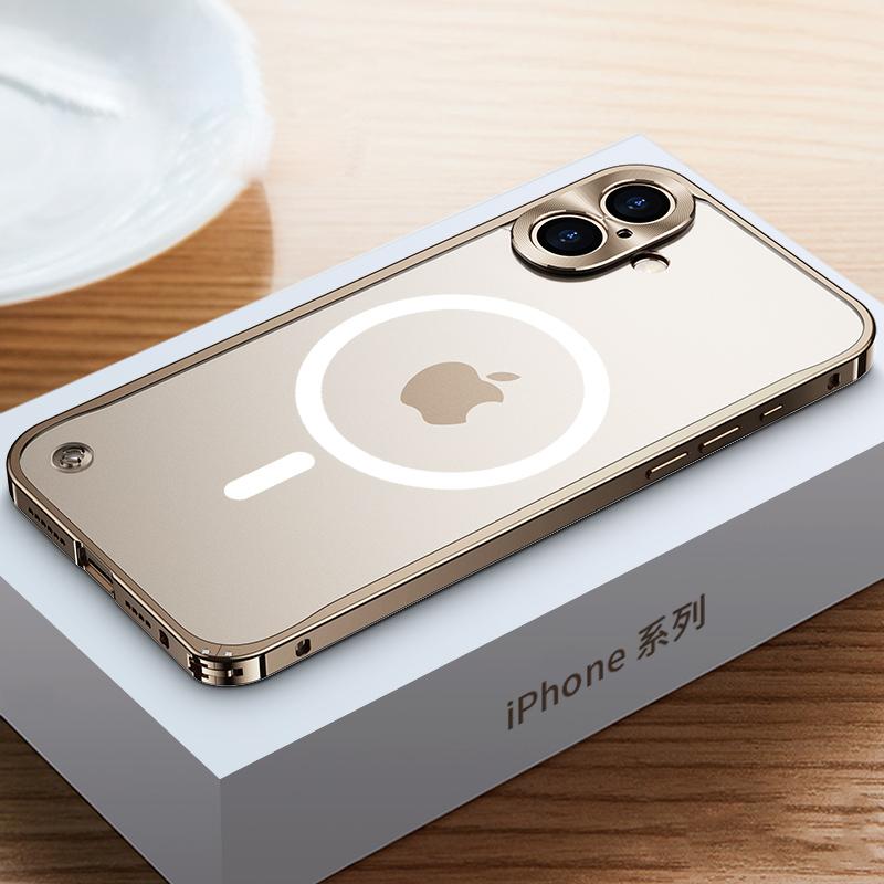 Magnetische Handyhülle mit Metallrahmen für iPhone 17 12 13 14 15 16 Pro Max Aluminiumlegierung Vollständiger Objektivschutz Abdeckung für iPhone 16 Galvanisierte Metall-Rückseite iPhone 16 gold