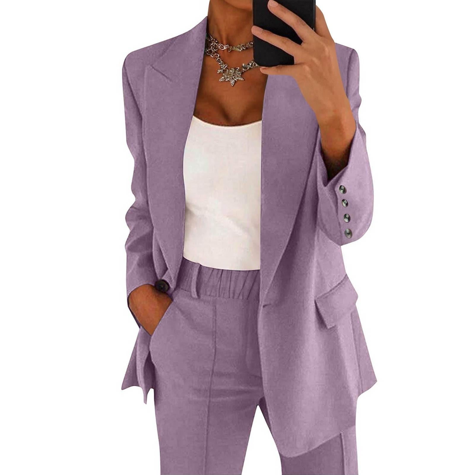Frauen Casual Langarm Einfarbig Revers Strickjacke Anzug Jacke Hosen Anzug XXXXL licht lila