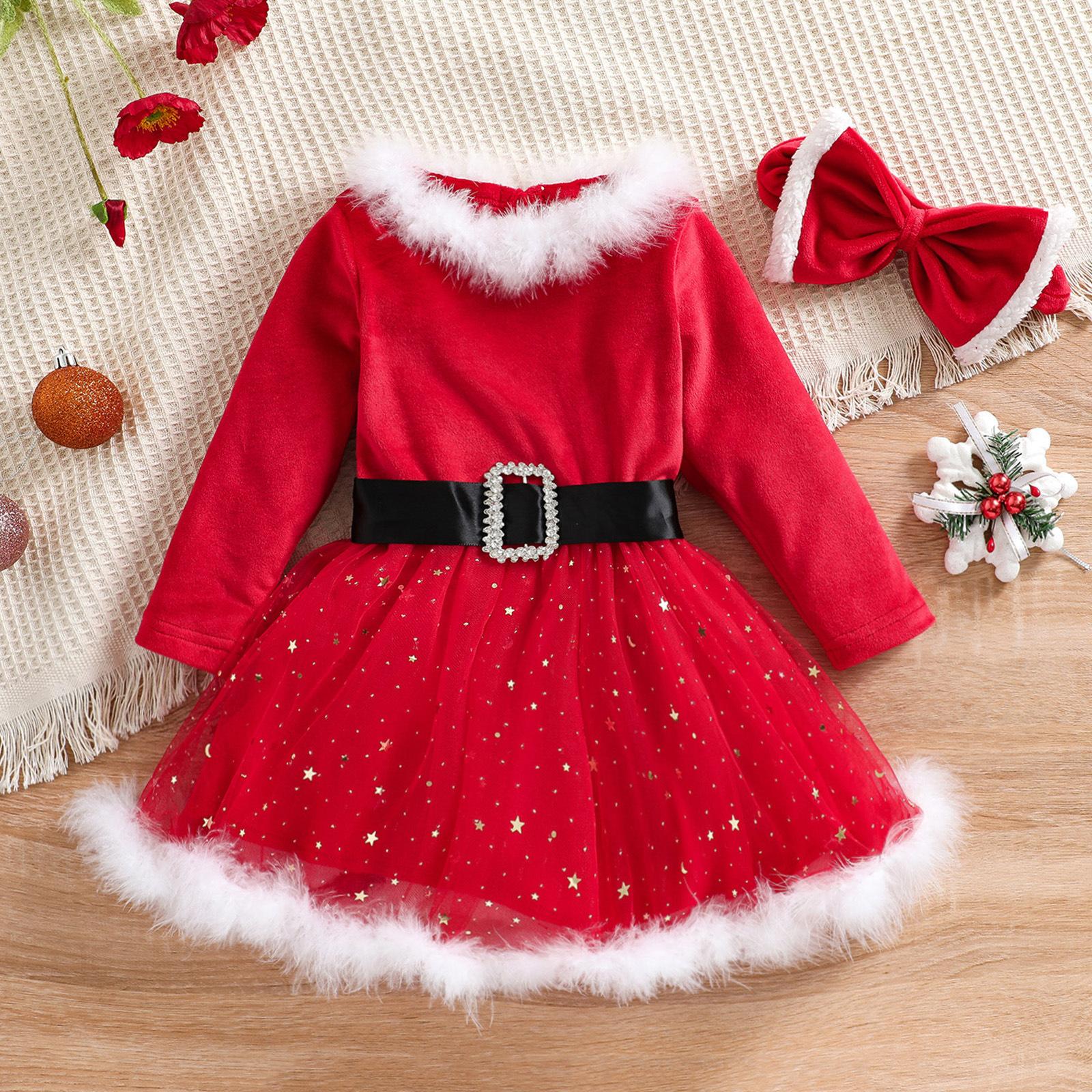 Kinder Weihnachtskleid Mädchen Langarm Stern Netz Kleid Prinzessin Kleider für Baby Abendkostüm 120cm rot