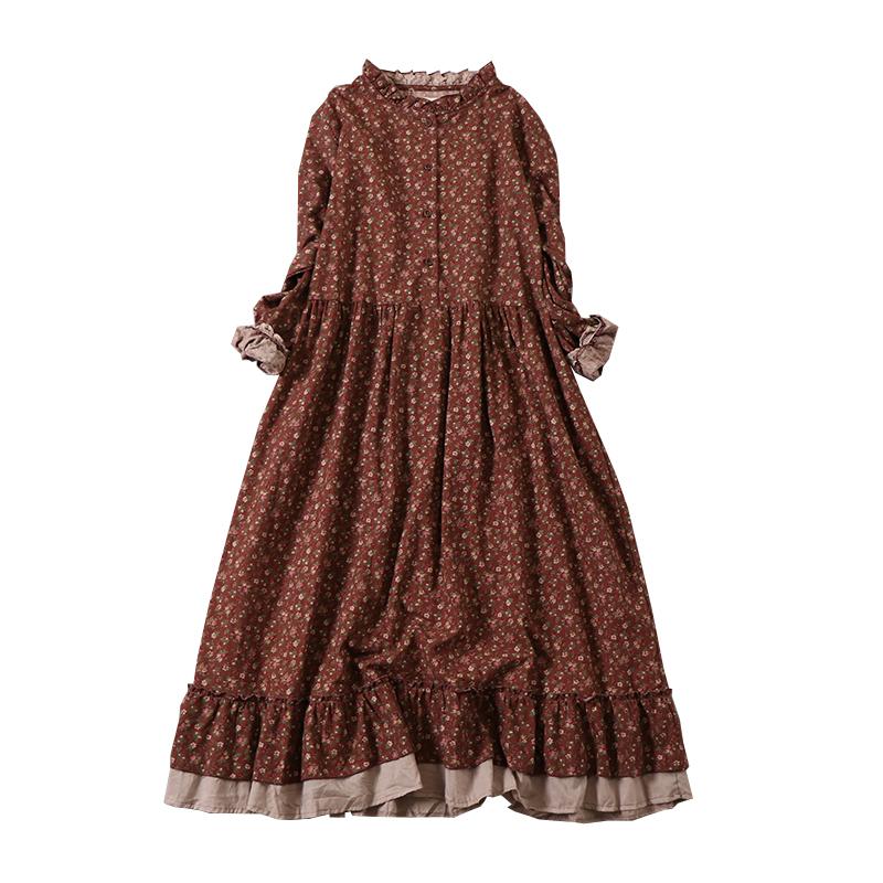Mori Mädchen Herbst Frühling Frauen Lose Lange Kleid Rüschen Kragen Floral Cottagecore Kleid Vintage Baumwolle Rüschen Elegante Chic Kleid One Size black