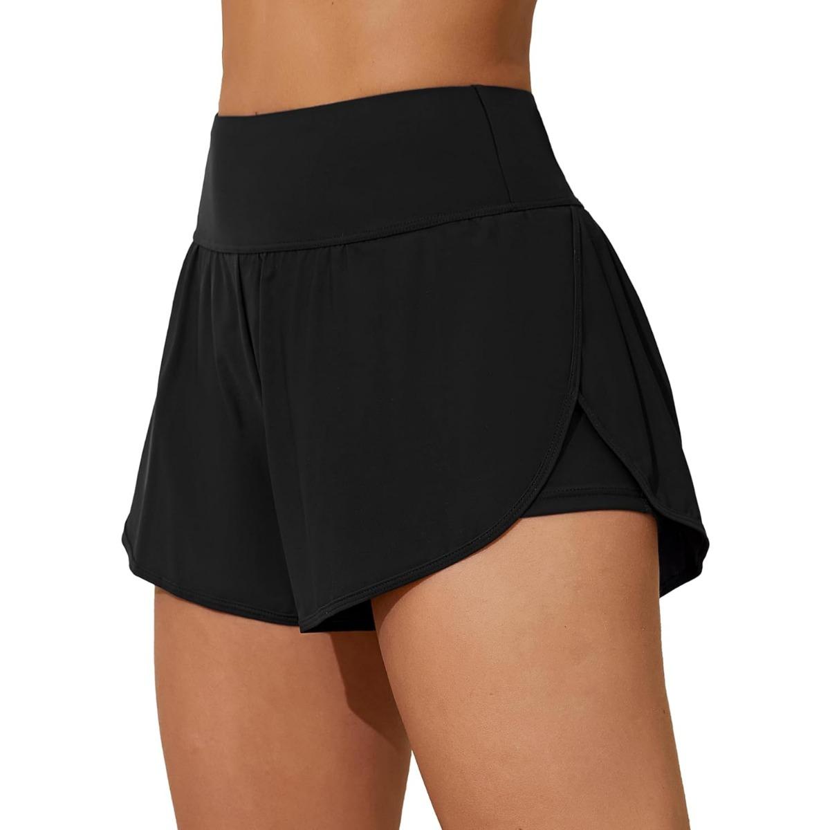 Charmleaks Damen-Badeshorts, seitlich geteilte Badehose, 2-in-1-Boardshorts mit Taschen, Badehose S schwarz