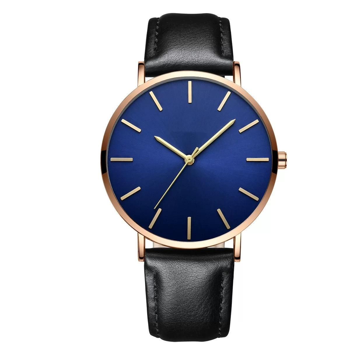 6,5 mm ultradünne wasserdichte Herrenuhren, luxuriöses Echtleder, lässige Quarz-Business-Armbanduhr, Geschenke Blue-gold