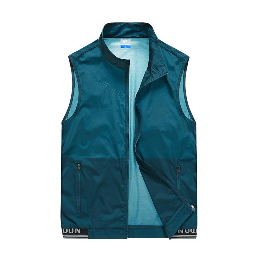 Sommerweste für Herren, Stehkragen, ärmellos, Reißverschlussleiste, Weste mit zwei Taschen, einfarbig, Mesh, Outdoor-Weste XL blau
