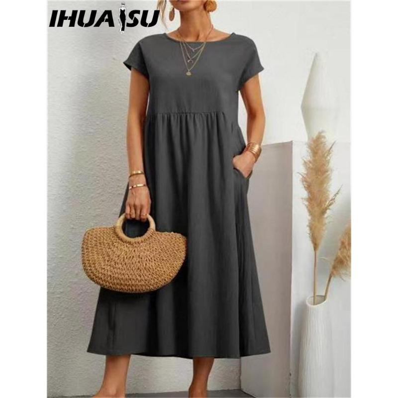 IHUASU Sommer Lässiges Lockeres Kleid Damen Kurzarm O-Ausschnitt A-Linie Damenkleid mit Tasche Büro Damen Baumwolle Leinen Kleider XXXL grau