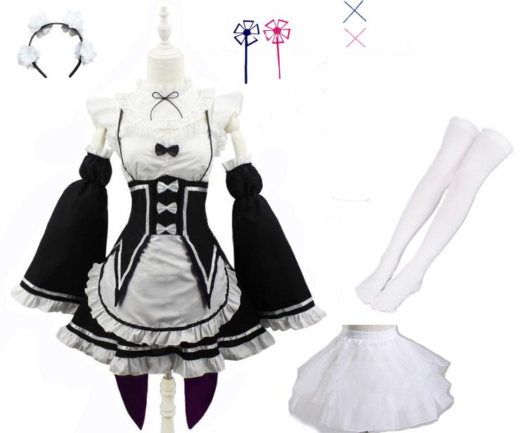 Anime Ram Rem Lolita Maid Cosplay Kostüme Vestido Re:Zero Kara Hajimeru Isekai Seikatsu Halloween-Kostüme für Damen, Loli-Kleid S white