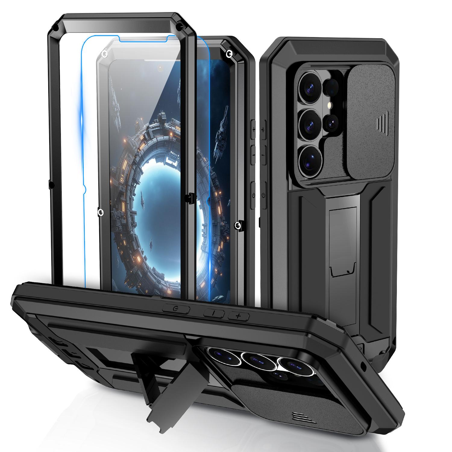 Robuste Aluminium-Metallhülle für Samsung S26 Edge S25 S24 S23 S22 Plus S21 Ultra Kratzfeste Stoßfeste Abdeckung Glas Displayschutzfolie aluminum&Case & Camera Protector&Galaxy S24 Ultra schwarz