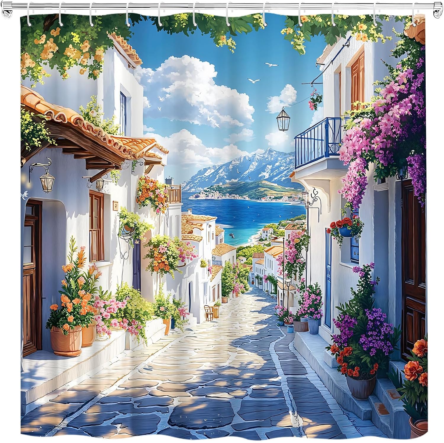Griechische Gasse Duschvorhang Weiß getünchte Wände Terrakotta-Töpfe Blumen Polyester Maschinenwaschbar Mit 12 Haken Für Badezimmerdekoration W90H200(CM)-1 Pcs