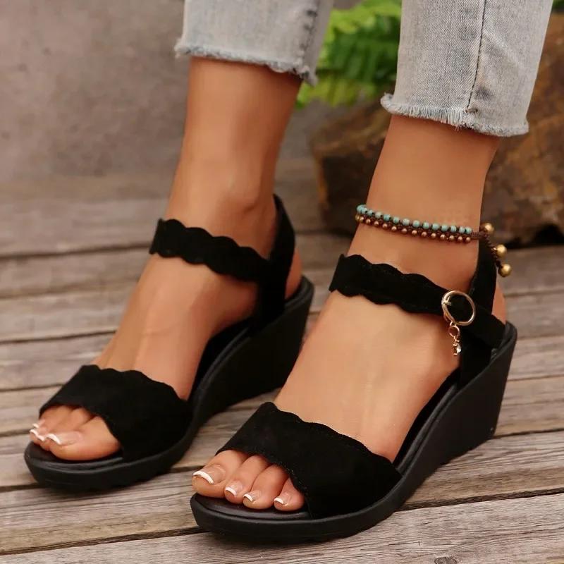 Schuhe Damen Plus Size Open Toe Damen Sandalen Fashion Office Sandalen Damen Round Toe Schnalle Riemen Wedges Schuhe Damen 42
