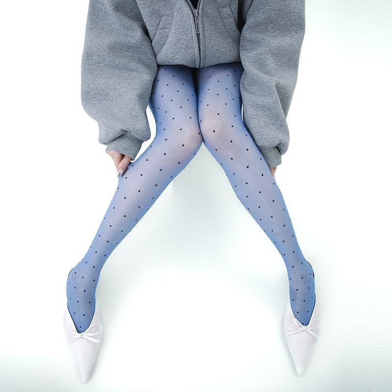 Dünne Strumpfhose mit Pünktchenmuster Damen Vintage Glänzende Nylons Strumpfhose Strümpfe Seidige Fußstrumpfhose für Damen 2026 Y2K Stil One Size blau