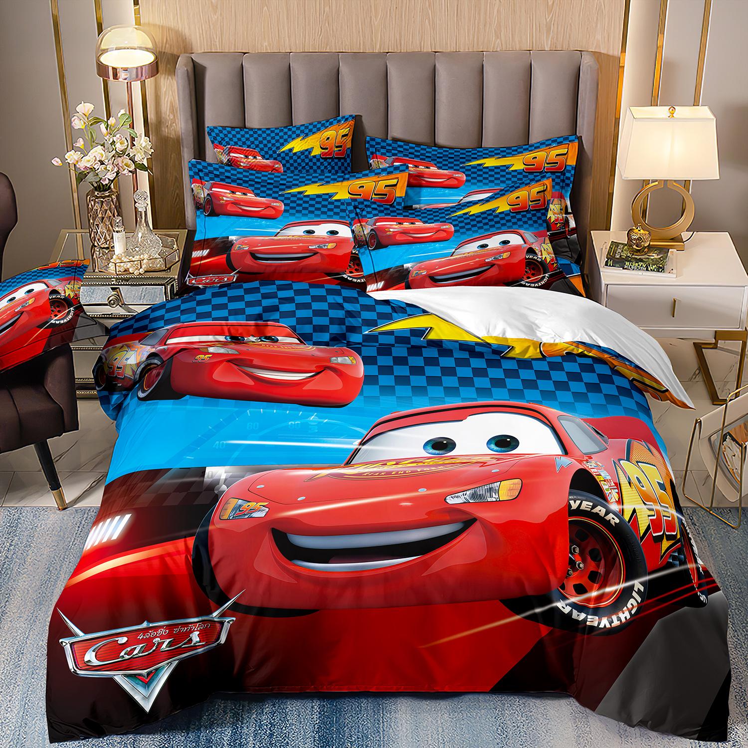Autos Lightning McQueen Bettwäsche-Sets, 3D-Druck Bettbezug und Kissenbezüge für Teenager-Jungen, Kinder Steppdeckenbezug Rote Autos-Motive 135x200cm-2pcs
