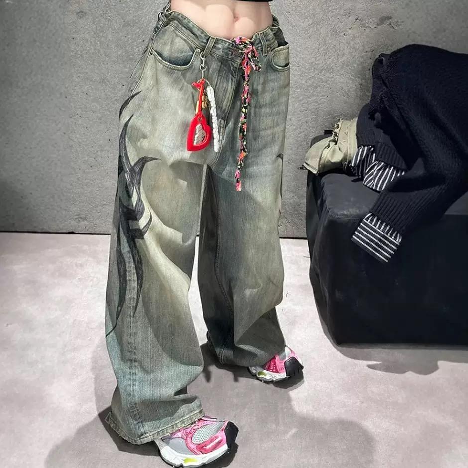 ZYLLO Y2K American Vintage Gesprenkelte Totem-Print Baggy Jeans Damen High Waist Wide Leg Jeans Damen Harajuku Trendy Hip-Hop Jeans L grün