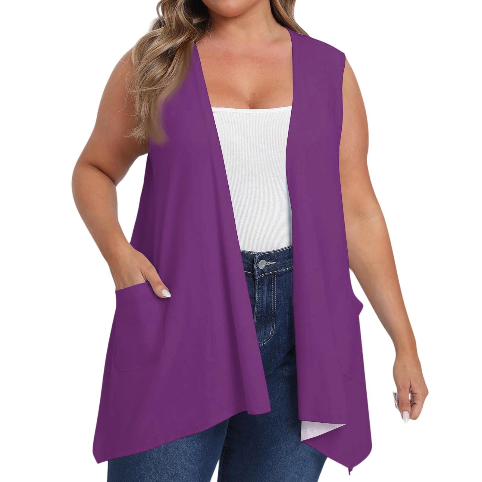 Damen Übergröße Locker Lässig Einfarbig Ärmellose Weste mit Tasche Strickjacke Jacke Strickjacke Jacke XXXXL violett