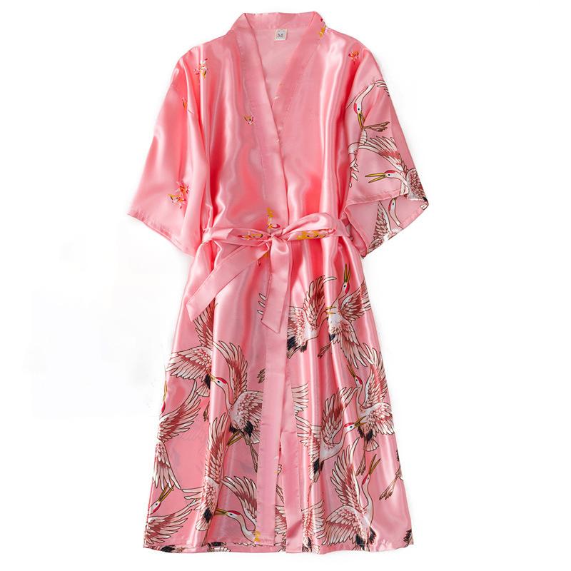 Damenmode-Bademantel aus Kunstseide, Pfauendruck, sexy Robe, Nachtwäsche XXL rot/rosa