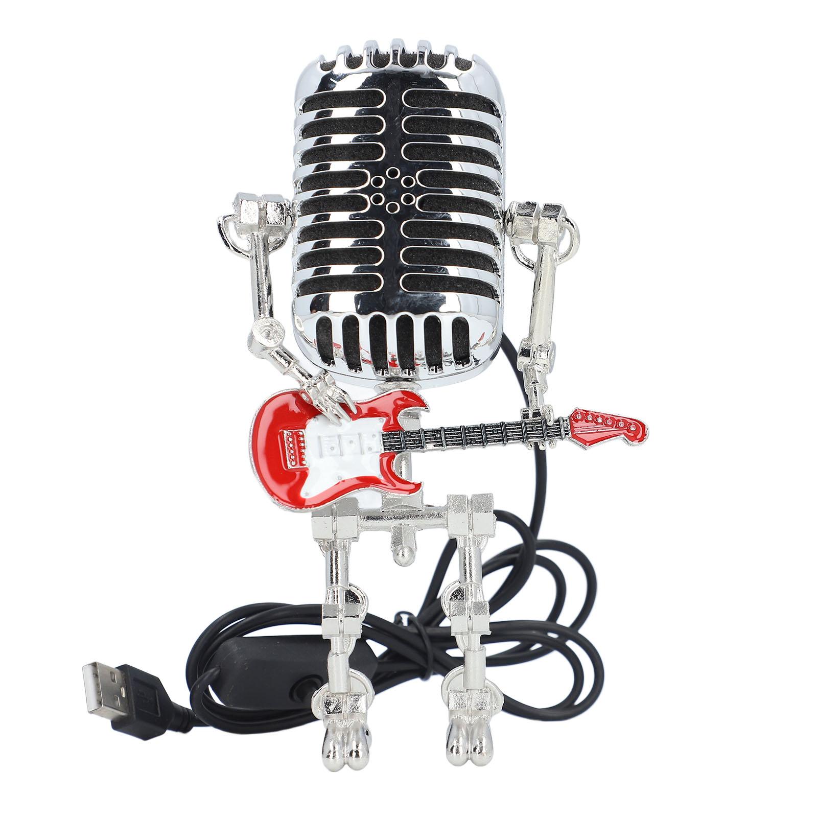 Metall Mikrofon Roboter hält Gitarre Retro Punk Stil Vintage Mikrofon Roboter mit Licht für Schlafzimmer Bar rot