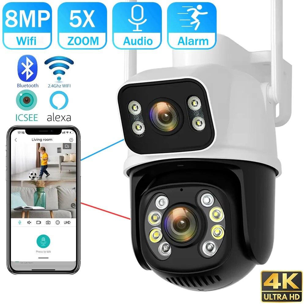 2024 8MP 4K Dualobjektiv-WLAN-PTZ-Kamera Smart Home Nachtsicht Dual Screen Außensicherheitsschutz CCTV-IP-Kamera ICSEE-APP US Plug