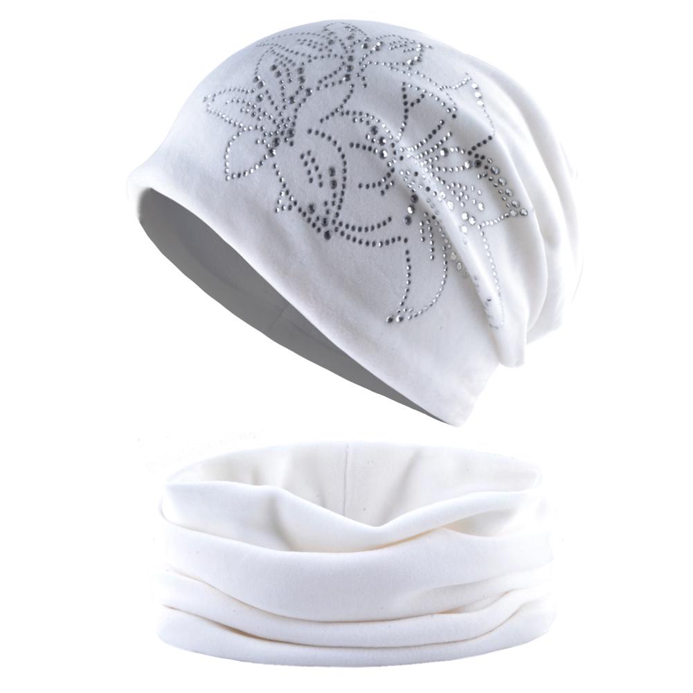 Damen Beanie Mode Strass Blume Hut und Schal Winter warme Samt Mützen Schals Set Mädchen weiß