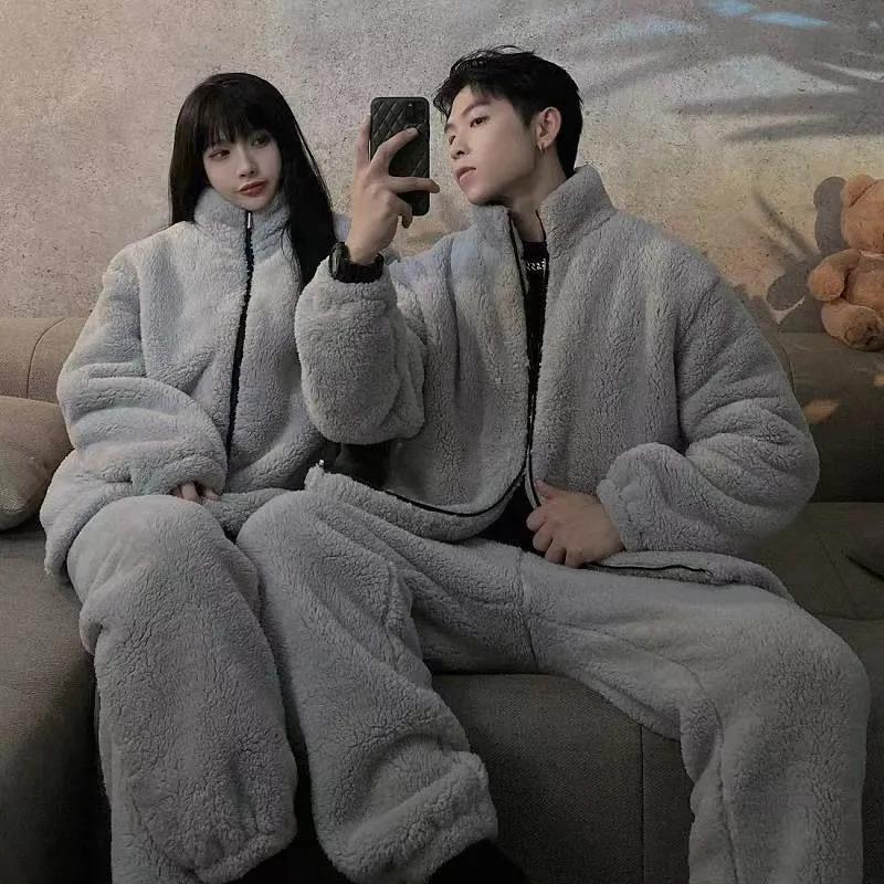 Herren Pyjama Set Winter Dicker Warmer Flanell Pyjama 2 Teile/Sets Langarm Nachtwäsche Homewear Lässiger Pijama XXXXL grau