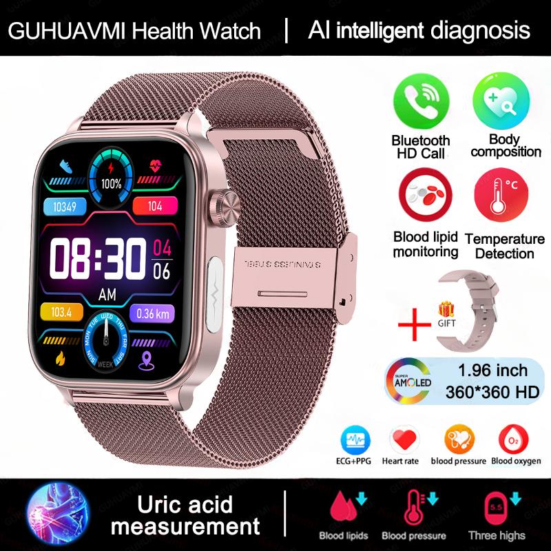 2025 Neue EKG+PPG Blutfett Harnsäure Gesundheits-Smartwatch Herren Herzfrequenz Blutdruck Bluetooth Anruf Smartwatch Damen Pink-Mesh-Belt