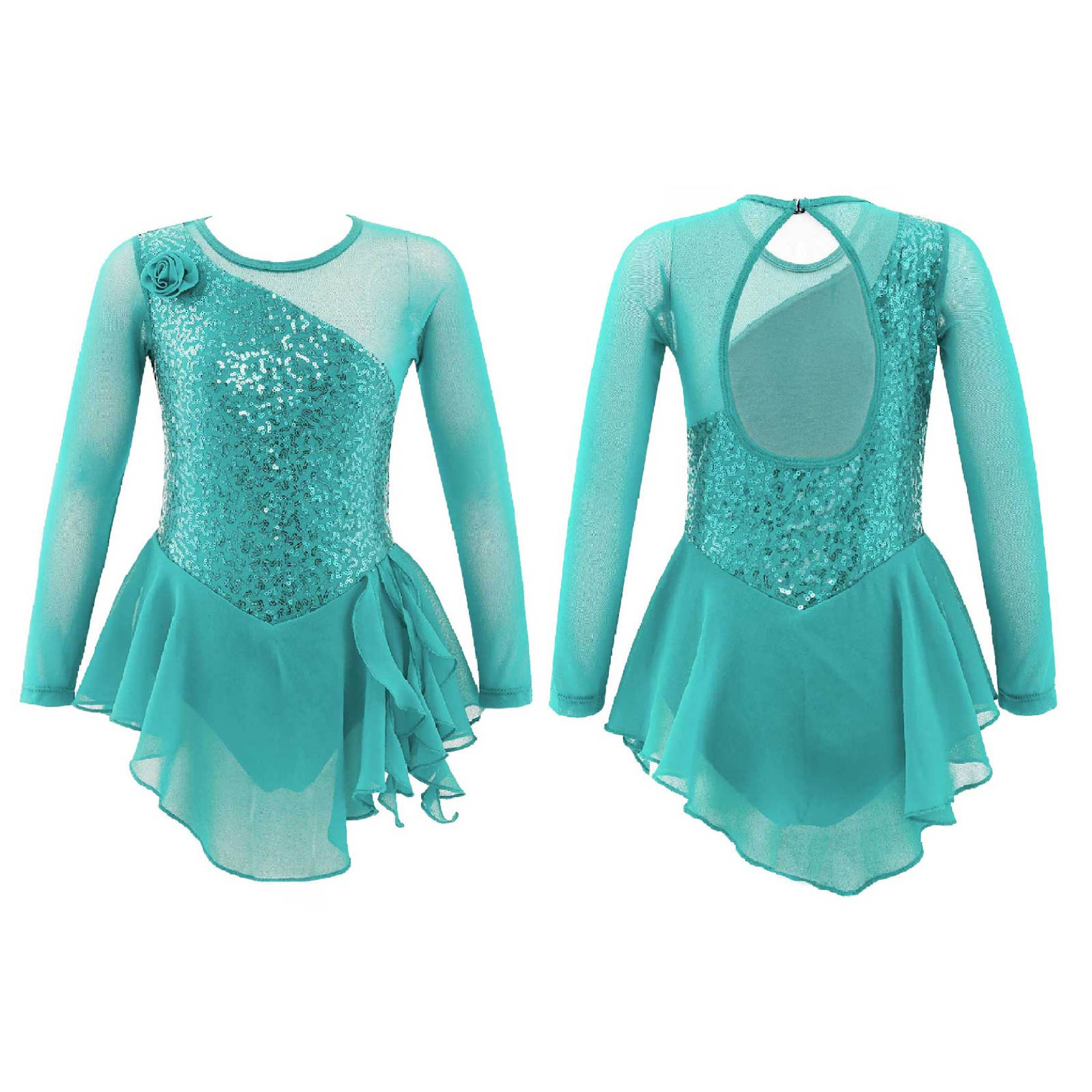 Kinder Mädchen Langarm Pailletten Ausschnitt Rücken Figur Eislaufen Kleid Ballett Tanz Gymnastik Trikot Kleid 3-4 Years minze, grüne