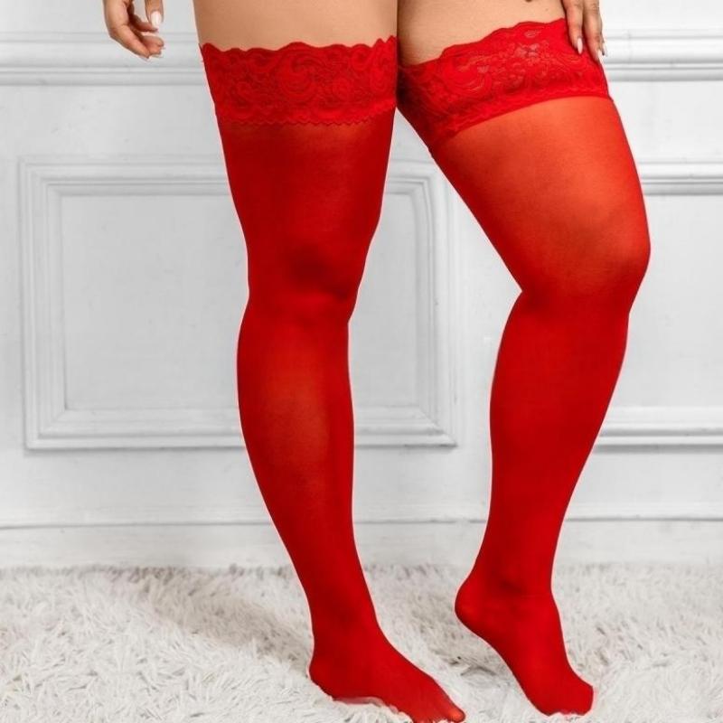 Spitzen-Knie-Oberschenkel-hohe Strümpfe in Übergröße, elastische lange Socken, XXXL, sexy Übergrößen-Strumpf für Frauen, 4XL, 5XL, 6XL plus size rot
