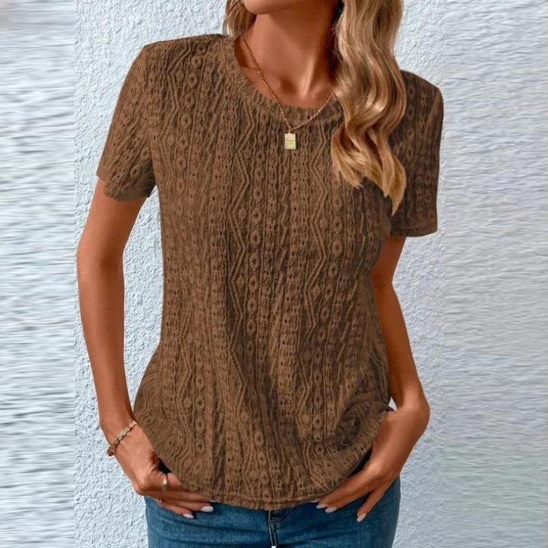 Plissee Hollow Out Kurzarmshirts Damen Casual O Neck Pullover Blusen Sommerkleidung Solide Tops Lose Blusen S dunkelbraune