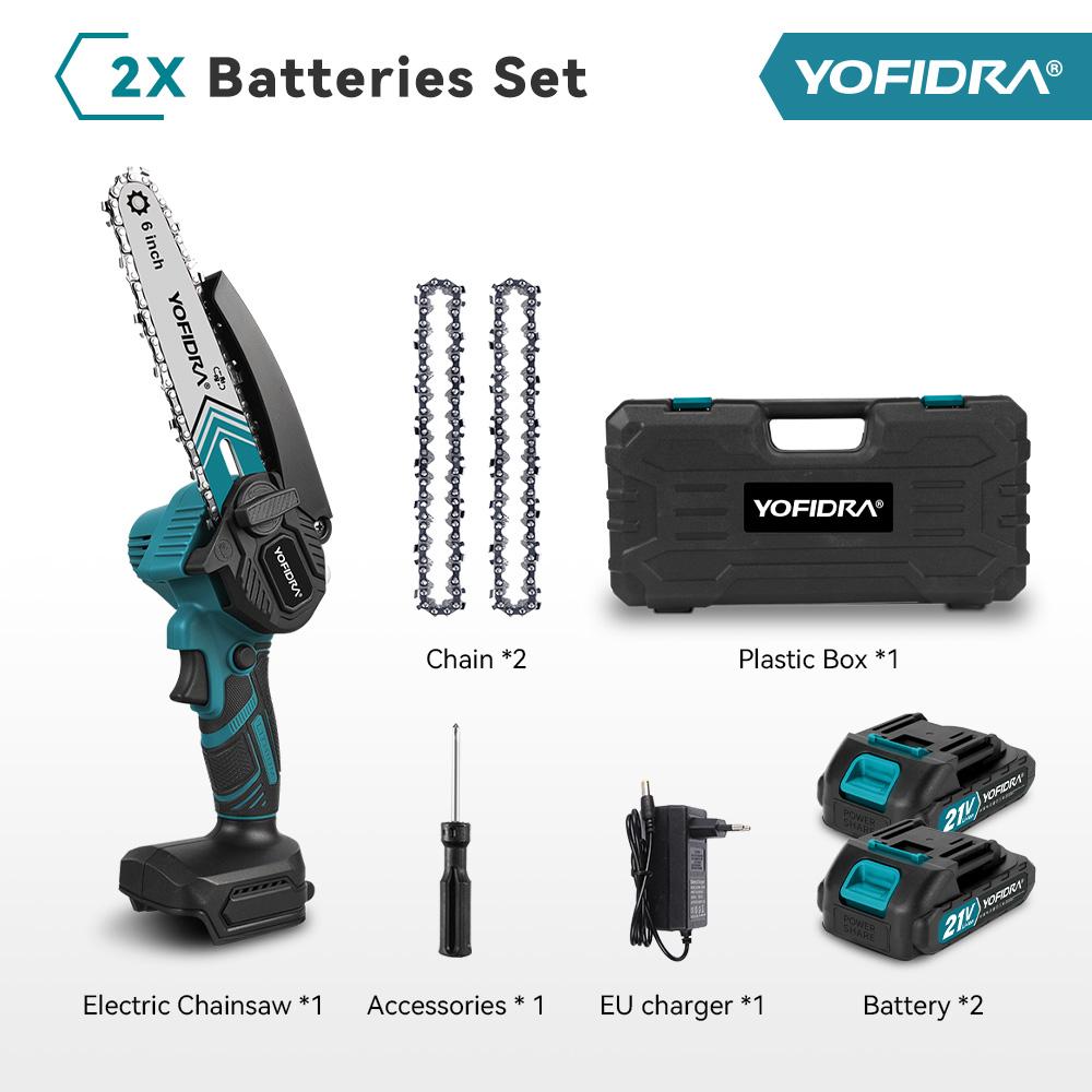 YOFIDRA 6 Zoll Kettensäge Akku-Elektrosäge Holzbearbeitung Garten Schneiden Beschneiden Kettensäge Elektrowerkzeug Für Makita 21V Akku Pin With 2 Battery EU Plug