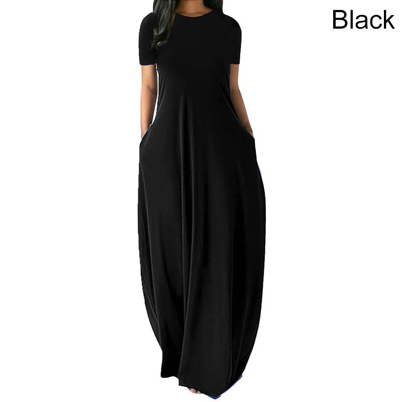 Frauen Casual Lose O-ansatz Lange Kleider Kurzarm Sommer Strand Kleid Elegante Abend Party Kleid S schwarz